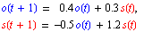 o(t + 1)   =      0.4 o(t)   + 0.3   s(t),  s(t + 1)   =   -0.5   o(t)   +   1.2   s(t)